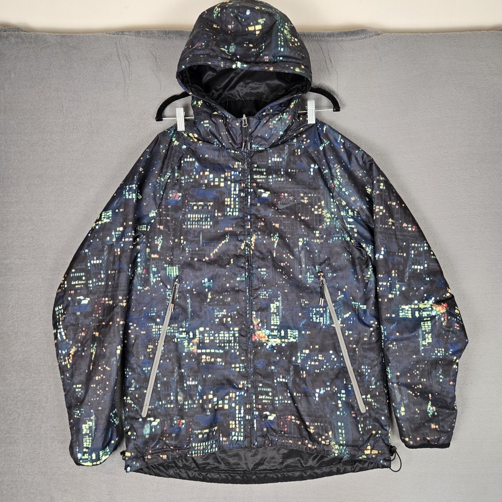 Nike Run Reversible City Jacket Mens Larg‎ Full Zip Hooded Black/City AOP